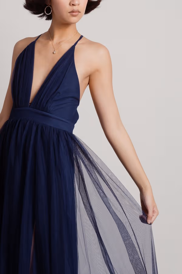 Here To Slay Plunging High Slit Maxi Dress - Navy