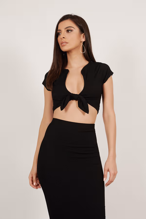 Excited For It Ribbed Crop Top and Midi Skirt Set - Black