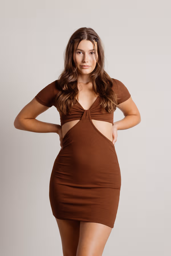 Promise You Ribbed Cutout Mini Dress - Tan