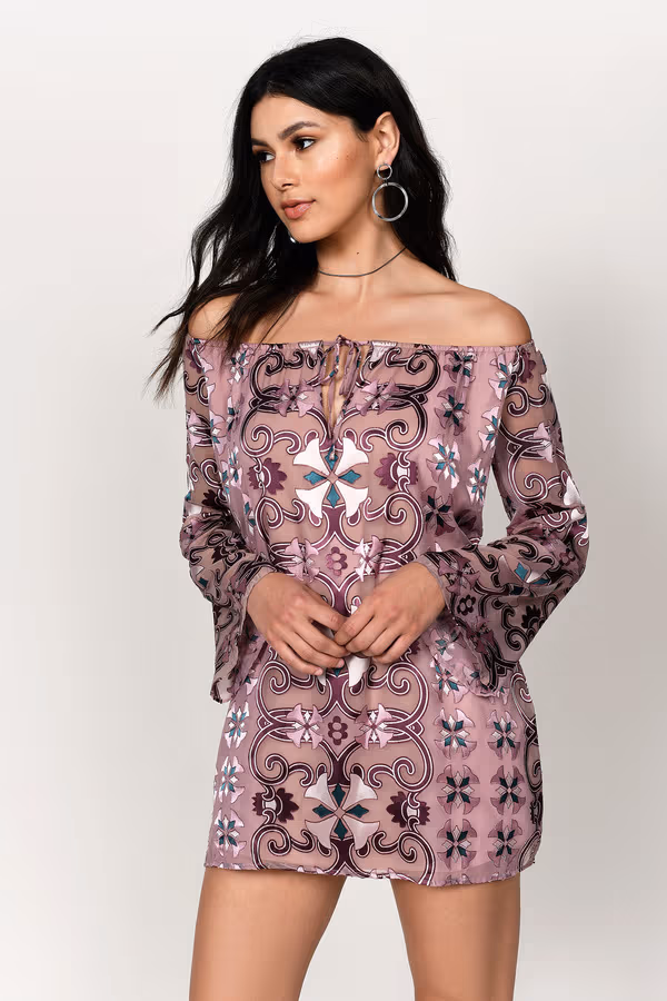 Emmie Off The Shoulder Shift Mini Dress - Mauve