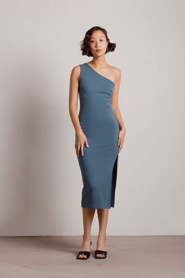 Riviera One Shoulder High Slit Midi Dress - Balsam Green