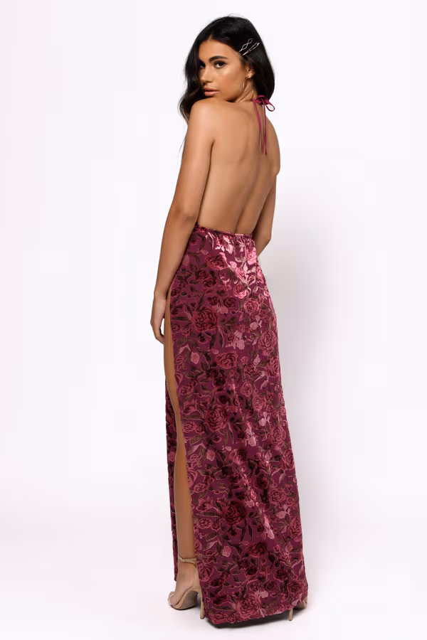 Yulia Backless High Slit Maxi Dress - Wine