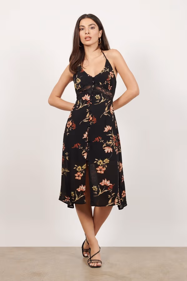 Take Me Away Floral Lace Waist Midi Dress - Black Multi