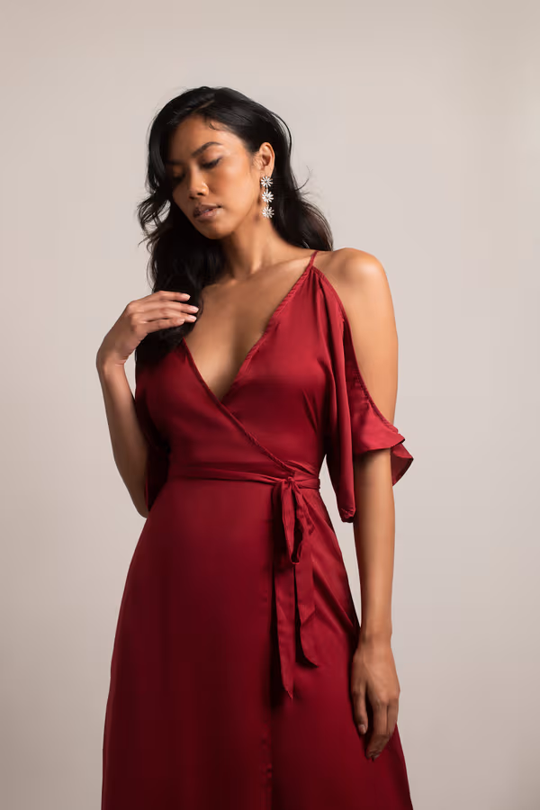 Feeling The Night Satin Cold Shoulder Maxi Dress - Wine