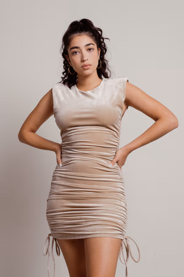 In My Feels Velvet Ruched Mini Dress - Nude