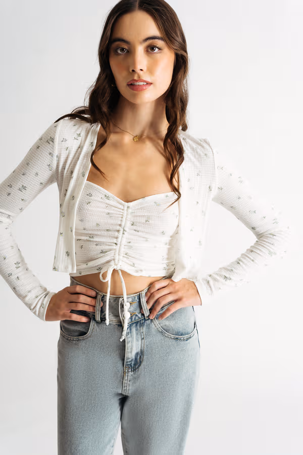 No Pics Please Floral Crop Top and Cardigan Set - Ivory