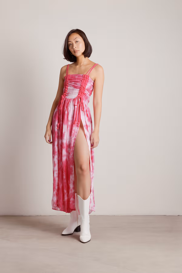 Give Me Attention Tie Dye High Slit Midi Dress - Hot Pink