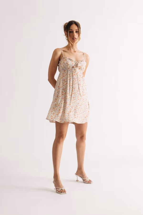 Jovie Floral Babydoll Mini Dress - Beige