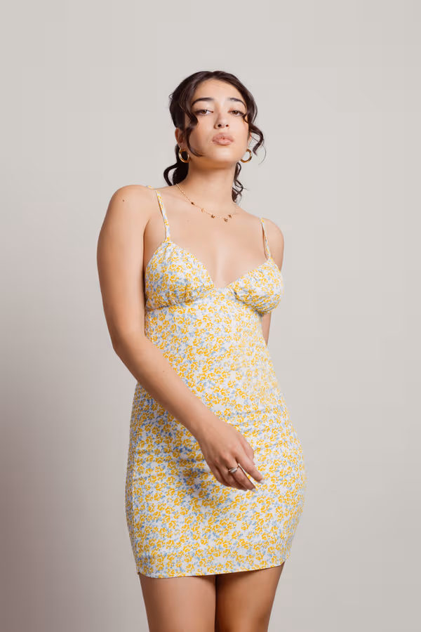 Love Interest Floral Bodycon Mini Dress - Yellow