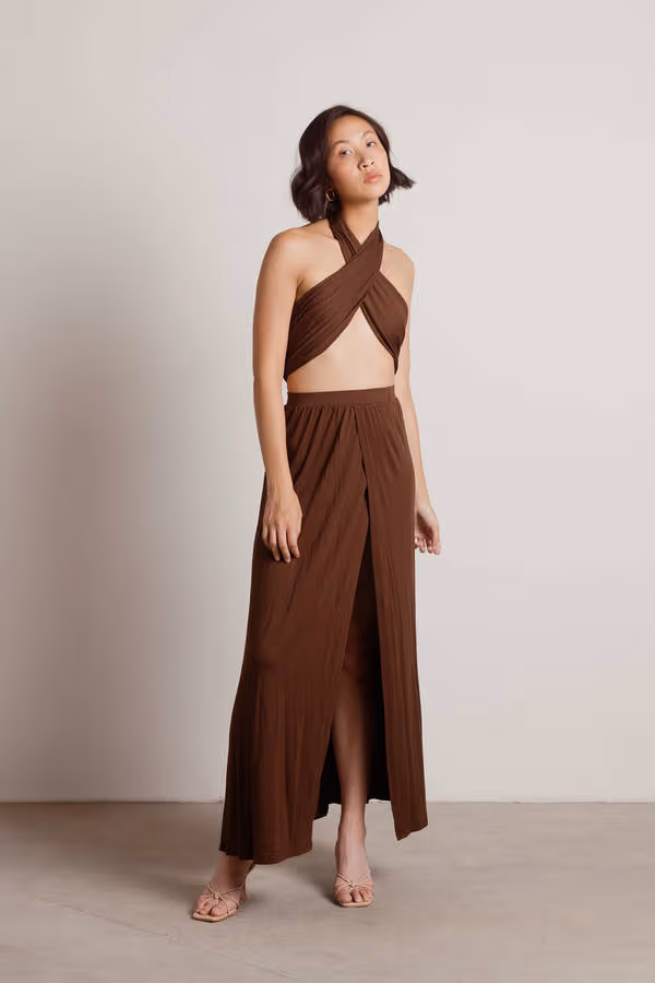 Naya Cross Halter Top and Slit Maxi Skirt Set - Brown