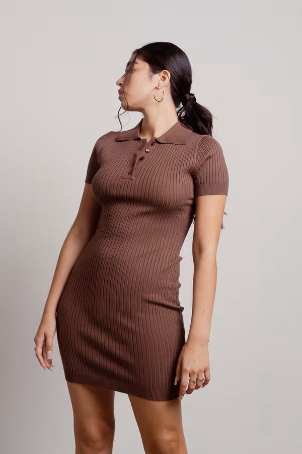 Late To Class Collared Ribbed Mini Dress - Brown