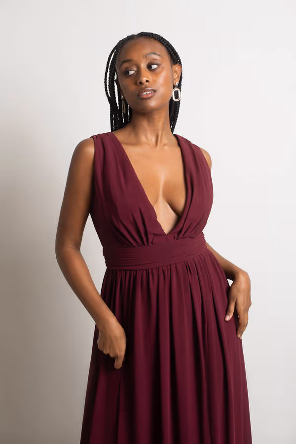 Everlasting Moment Plunging High Slit Maxi Dress - Cream