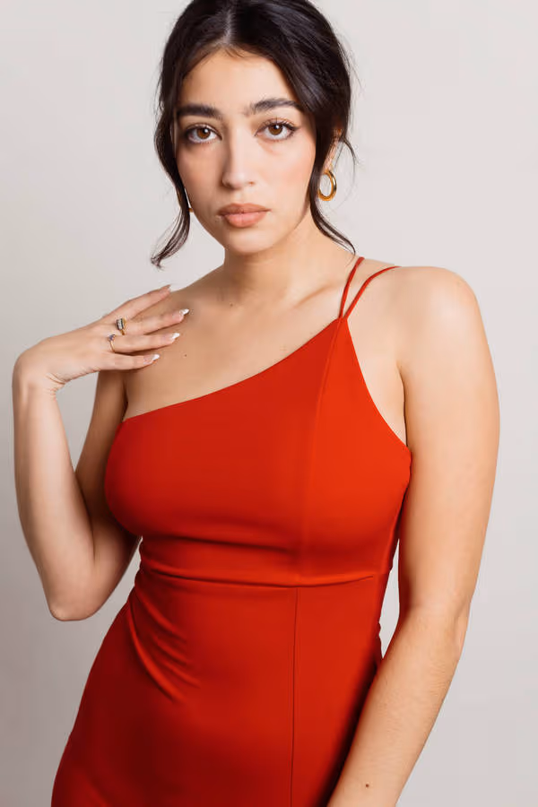 Yours Only One Shoulder High Slit Midi Dress - Red