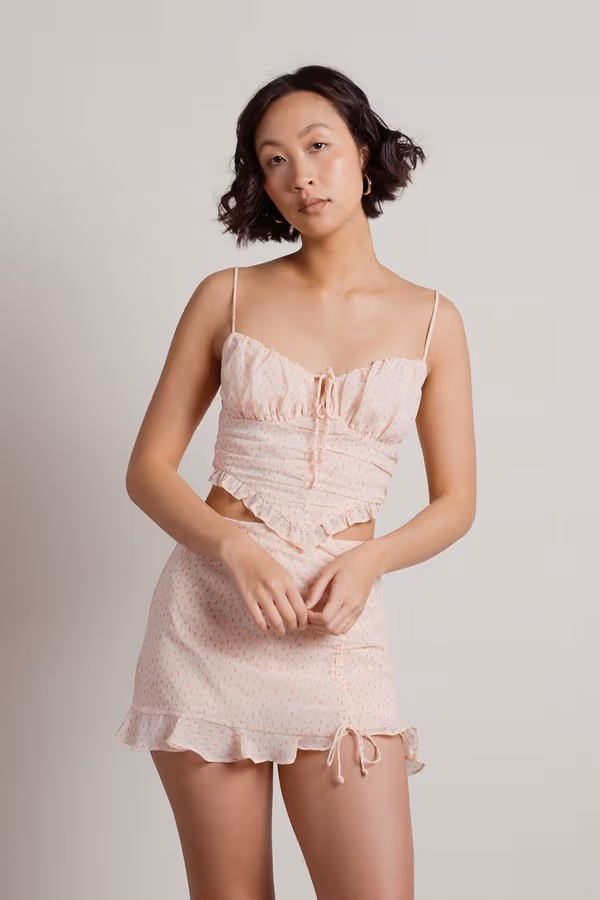 Let Me Know Ruched Mini Skirt - Oval Print Peach