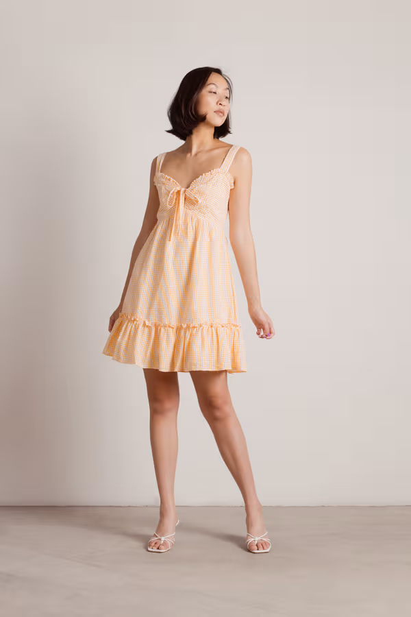 Cottage Whimsy Front Tie Gingham Mini Dress - Orange