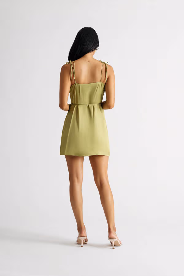 Hestia Green Satin Cowl Neck Tie Strap Slip Dress