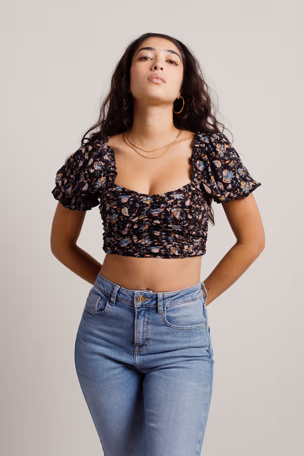 Falling Petals Crop Top - Black Multi
