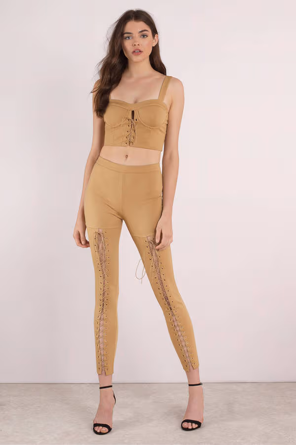 Back To Back Lace Up Bustier Top and Pants Set - Taupe
