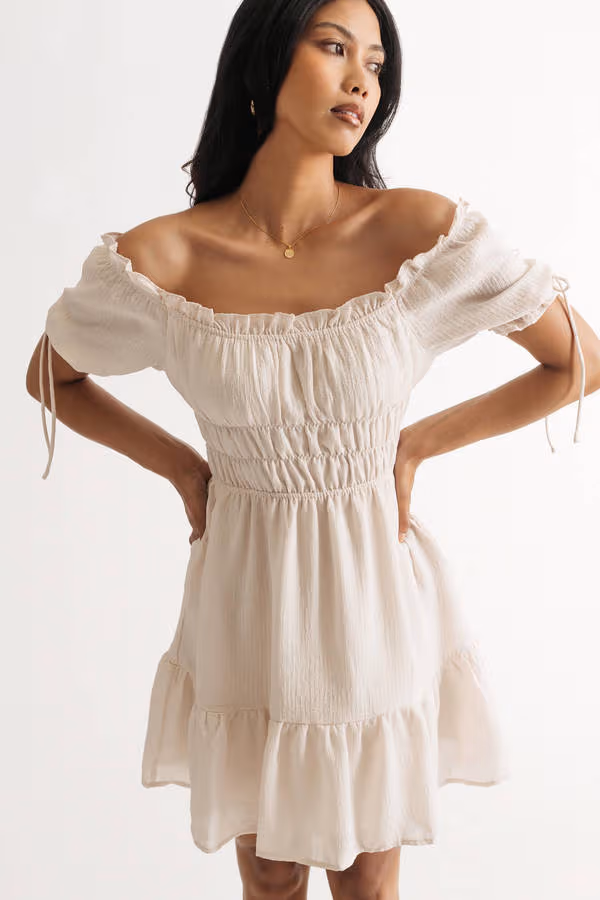 Nori Off The Shoulder Skater Mini Dress - Beige
