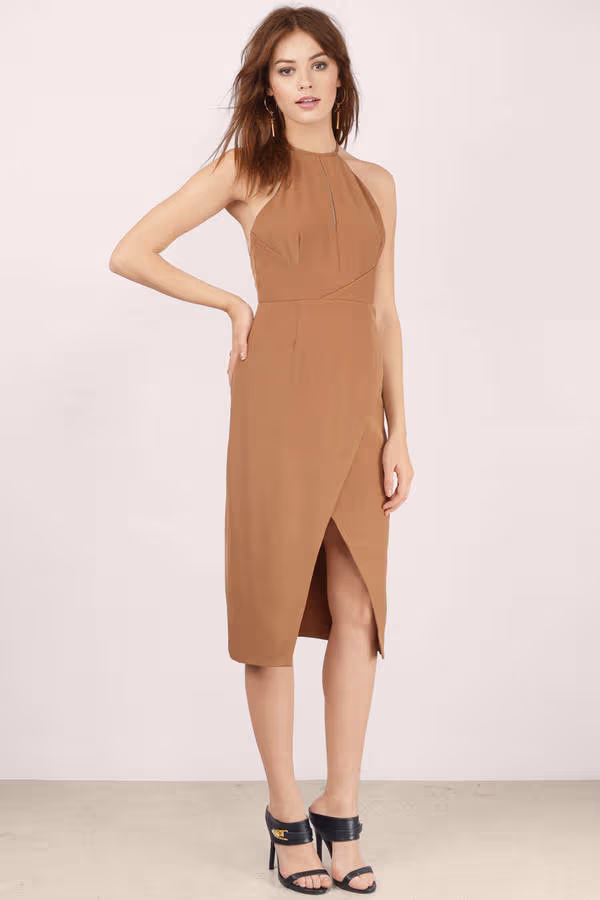 Finders Keepers Guilty Pleasure Open Back Slit Midi Dress - Tan