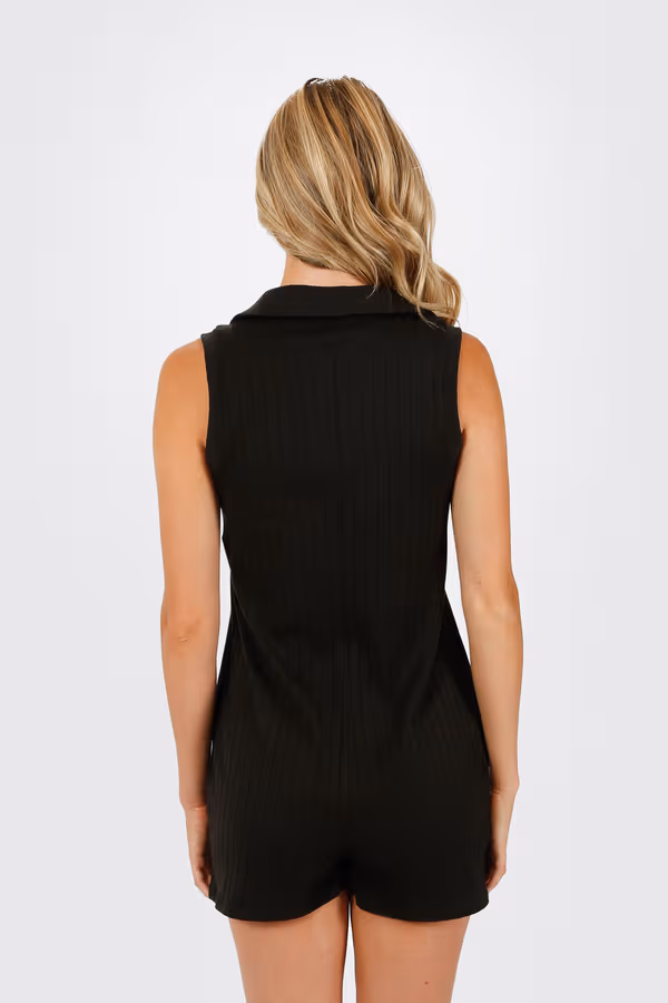 No Time To Call Collared Romper - Black