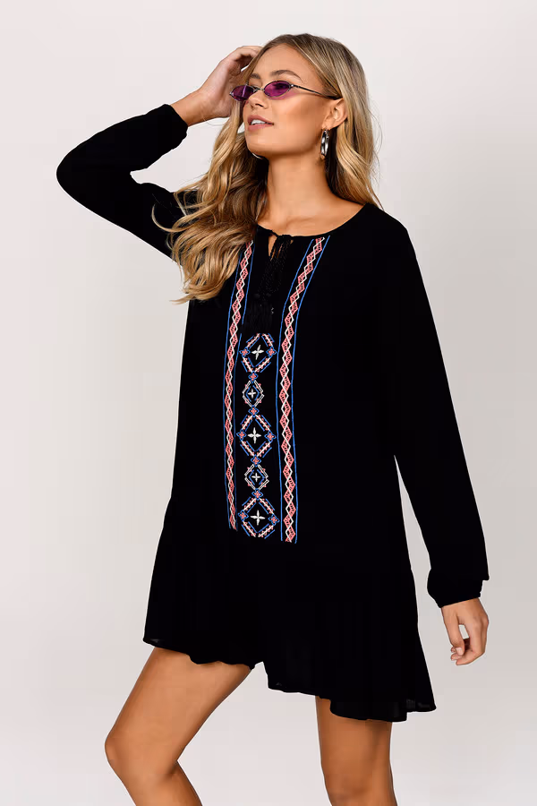 Nakoma Embroidered Shift Mini Dress - Black