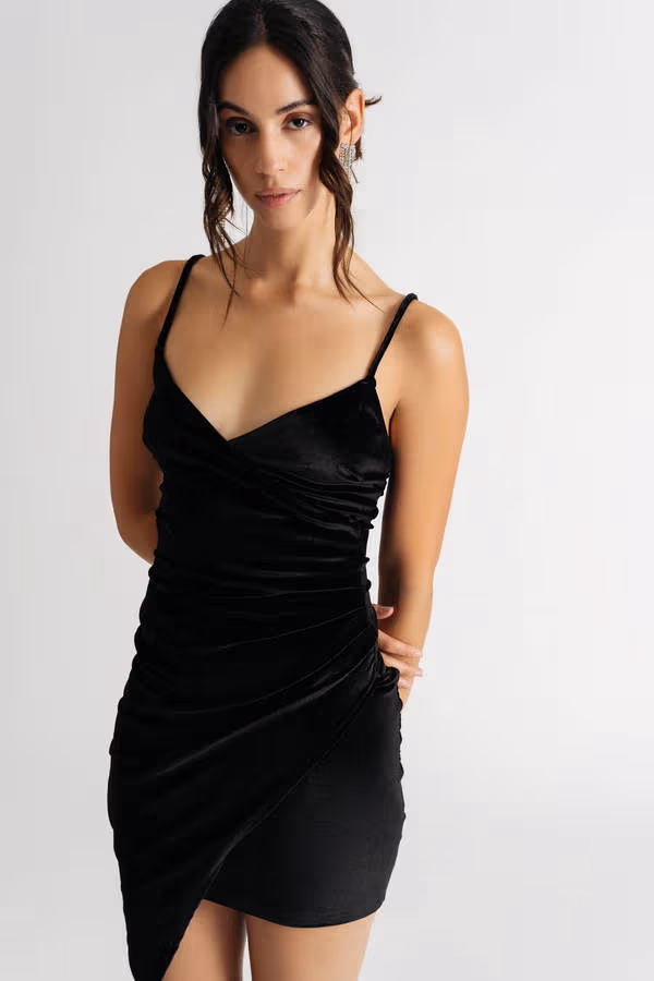 Chloe Velvet Asymmetrical Mini Dress - Black