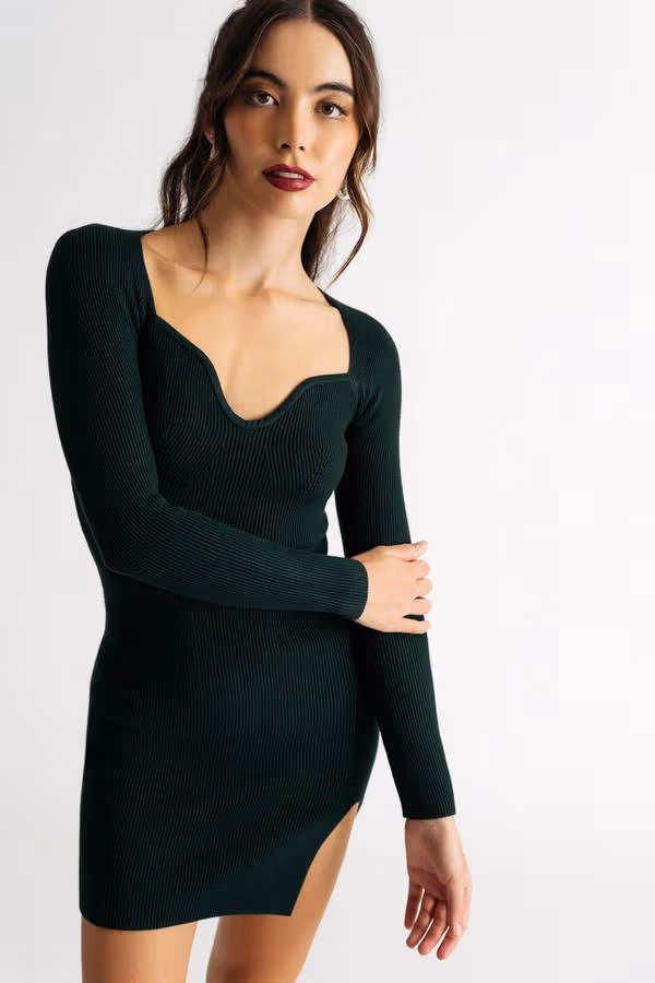 Catalina Ribbed Sweater Mini Dress - Hunter Green