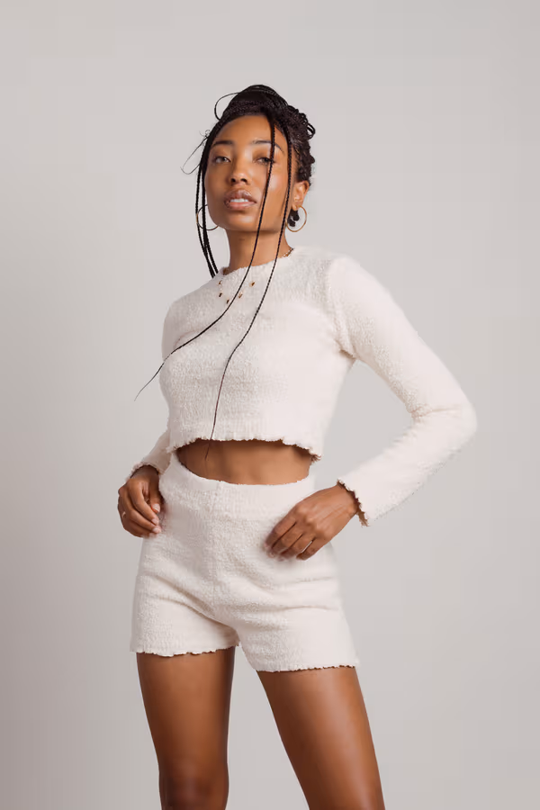 Warm Hug Fuzzy Crop Top and Short Set - Cream
