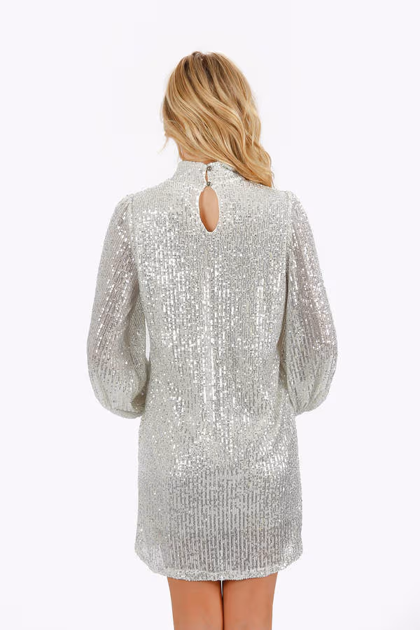 Kielle Sequin Mock Neck Mini Dress - Silver