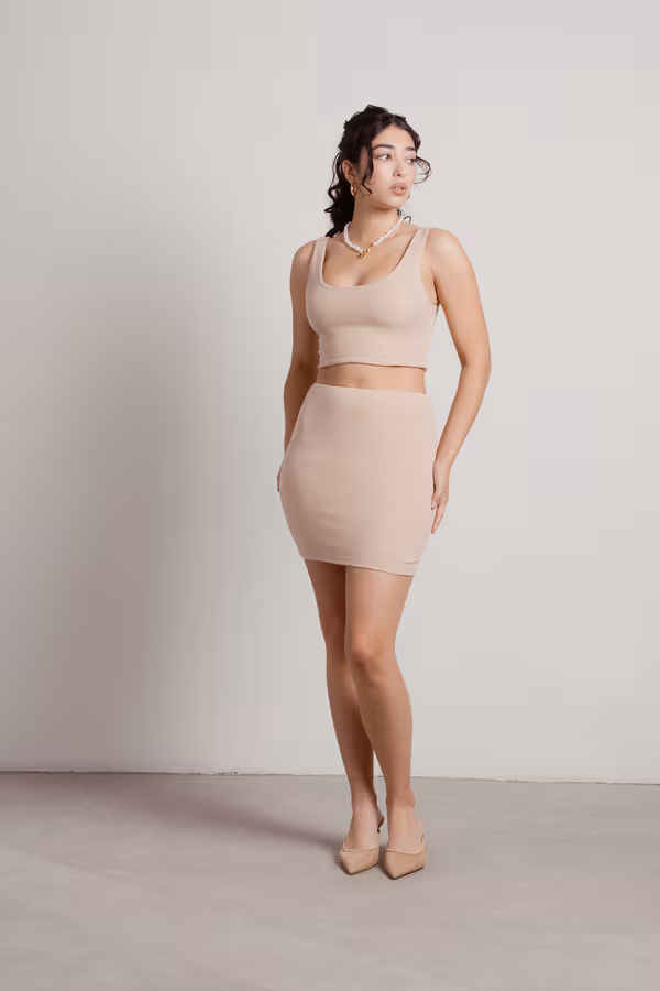 Know Better Ribbed Crop Top and Mini Skirt Set - Tan