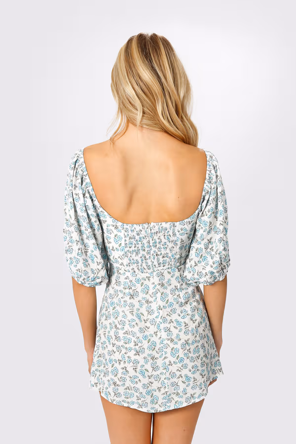 Make Up Your Mind Floral Front Tie Mini Dress - White Blue Multi