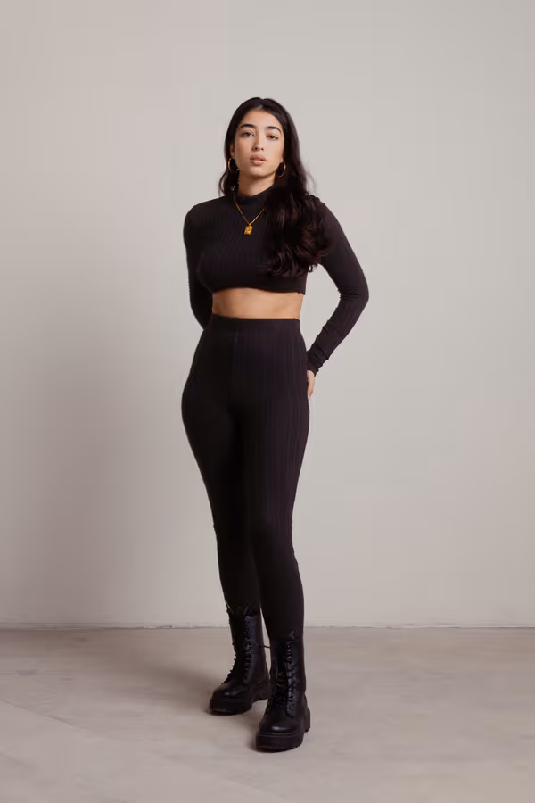 Kelce Ribbed Crop Top and Lounge Set - Black