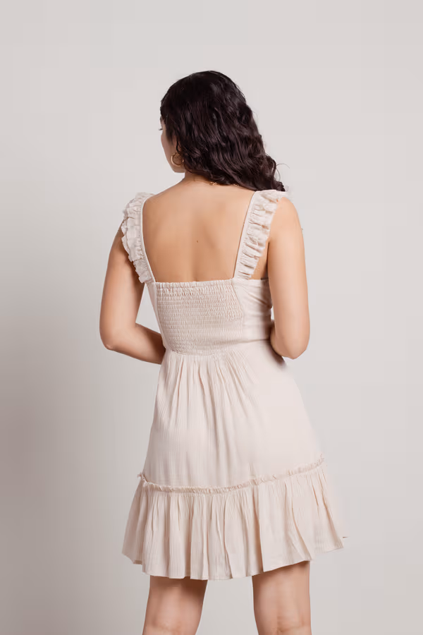 Dime Piece Smocked Square Neck Mini Dress - Beige