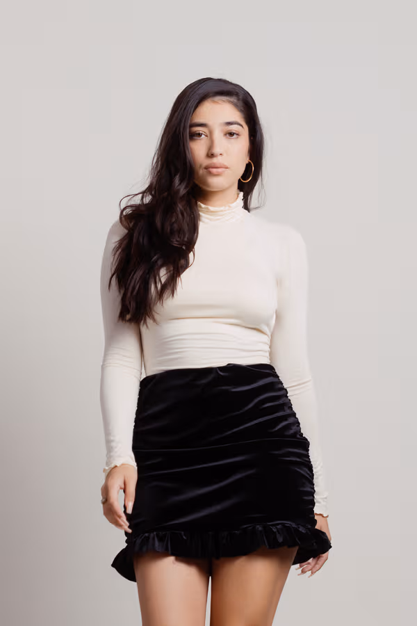 Iggy Black Velvet Ruched and Ruffle Mini Skirt