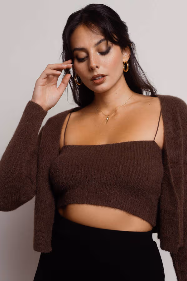 Beatrice Fuzzy Crop Top and Cardigan Set - Brown