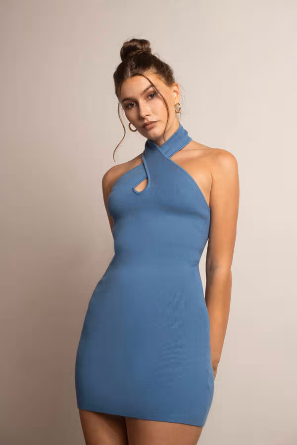 Past Nine Cross Halter Open Back Mini Dress - Blue