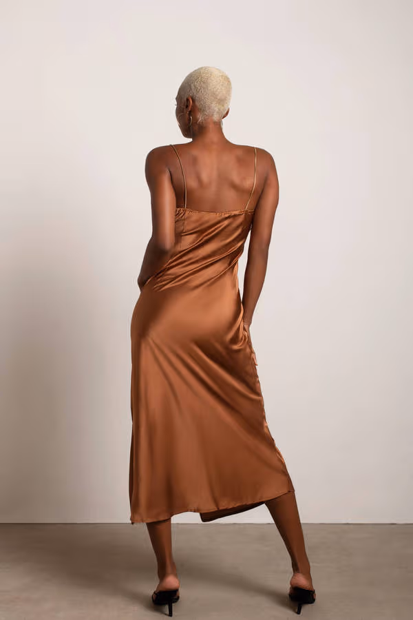 Forever Yours Satin Slit Midi Dress - Brown