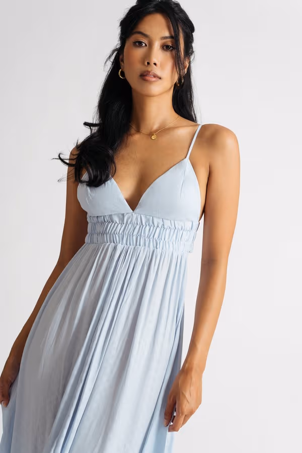 Celine Checkered Smocked Midi Dress - Blue