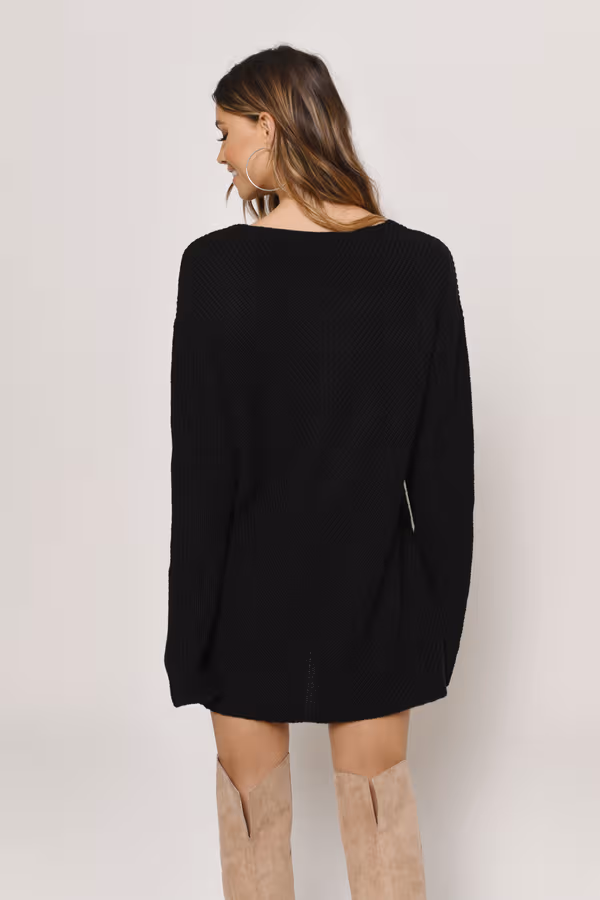 Don't Let Me Down Plunging Sweater Mini Dress - Black