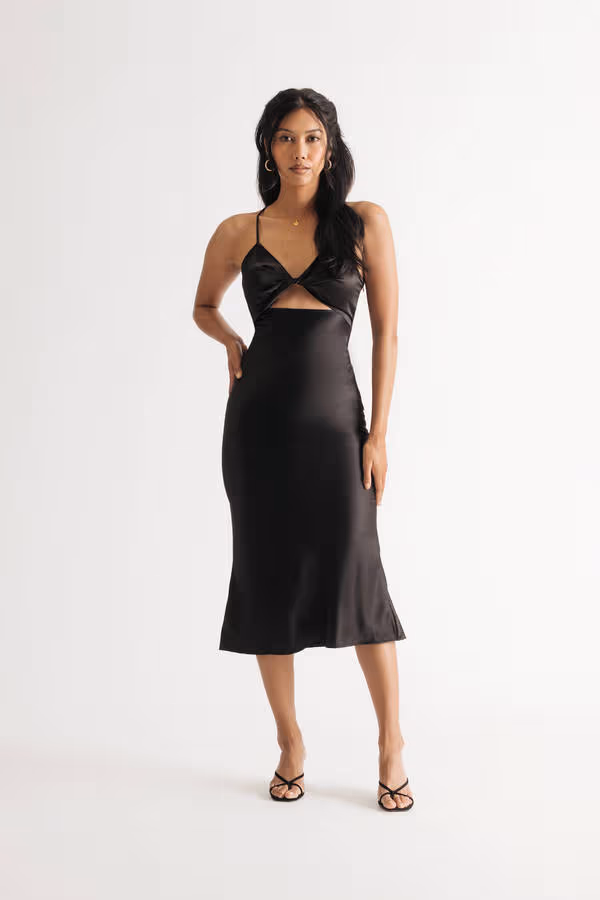 Take Me Out Beige Satin Twist Cutout Midi Dress