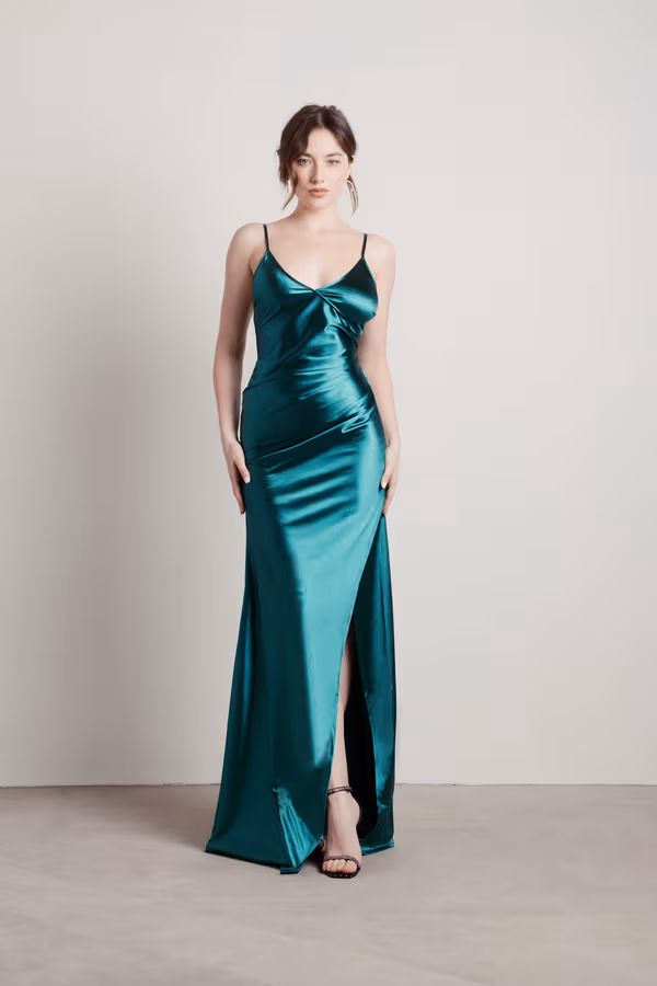 Knightly Dreams Satin High Slit Maxi Dress - Black