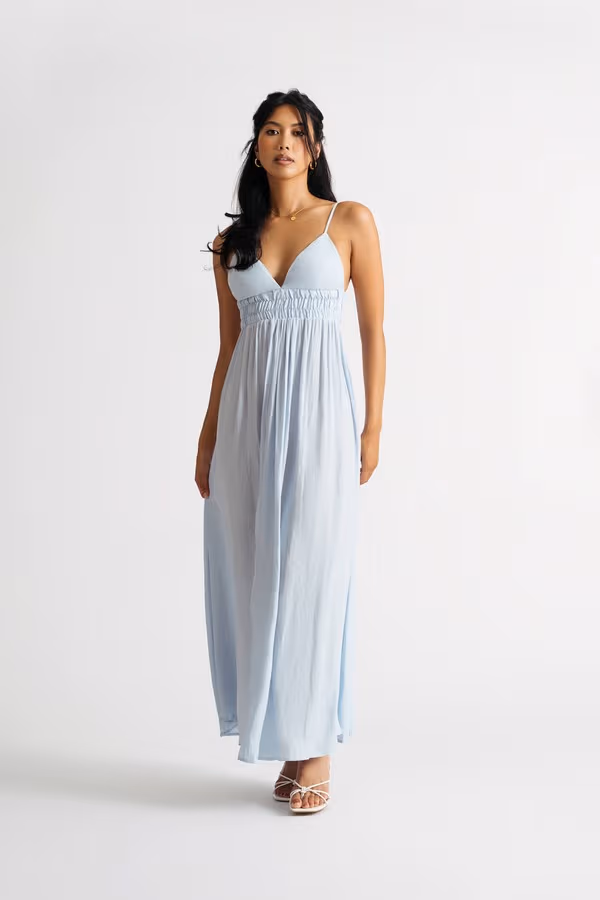 Celine Checkered Smocked Midi Dress - Blue