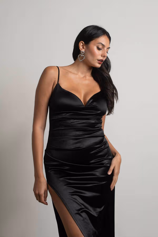 Heartbreaker Satin High Slit Maxi Dress - Black