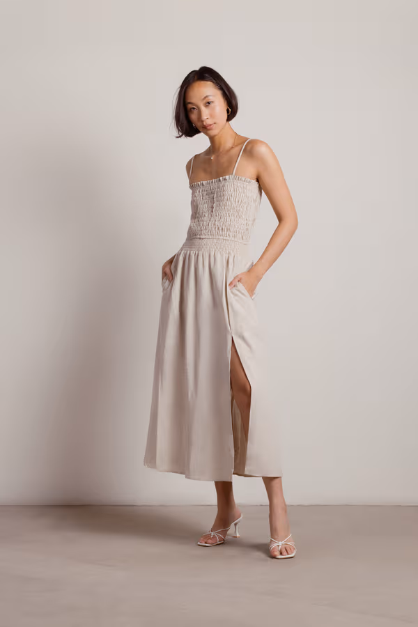 Lien Linen Smocked Midi Dress - Oatmeal