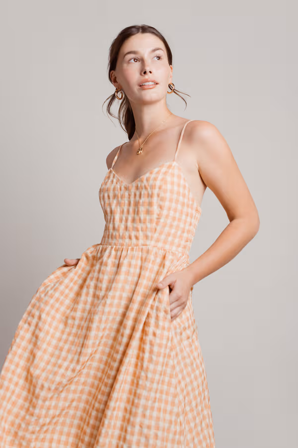 Picnic At The Cottage Gingham Cami Midi Dress - Peach Orange
