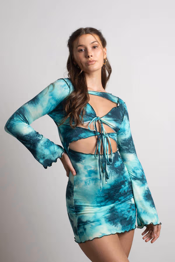 Underwater Tie Dye Cutout Mini Dress - Seafoam Blue