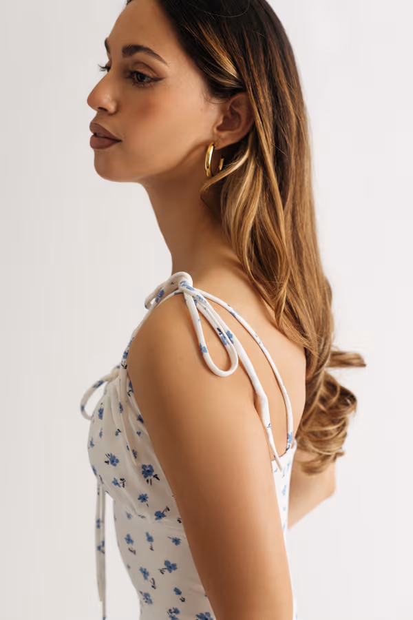 Seasons In Love Floral Ruched Bust Mini Dress - White Blue