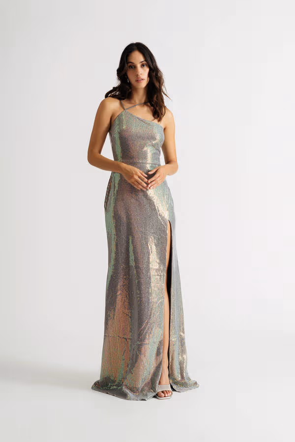 All About You Sequin High Slit Maxi Dress - Silver
