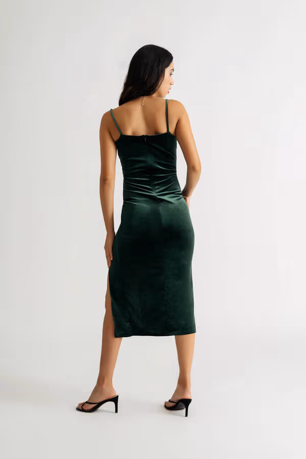 Mattie Velvet High Slit Midi Dress - Hunter Green